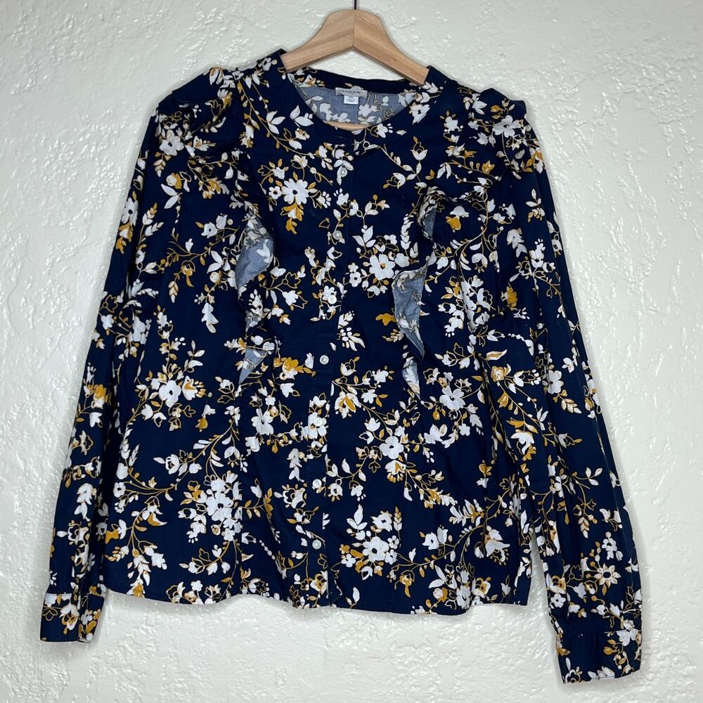 J. Crew Floral Button Up Blouse Romantic Career Women Navy Blue XL